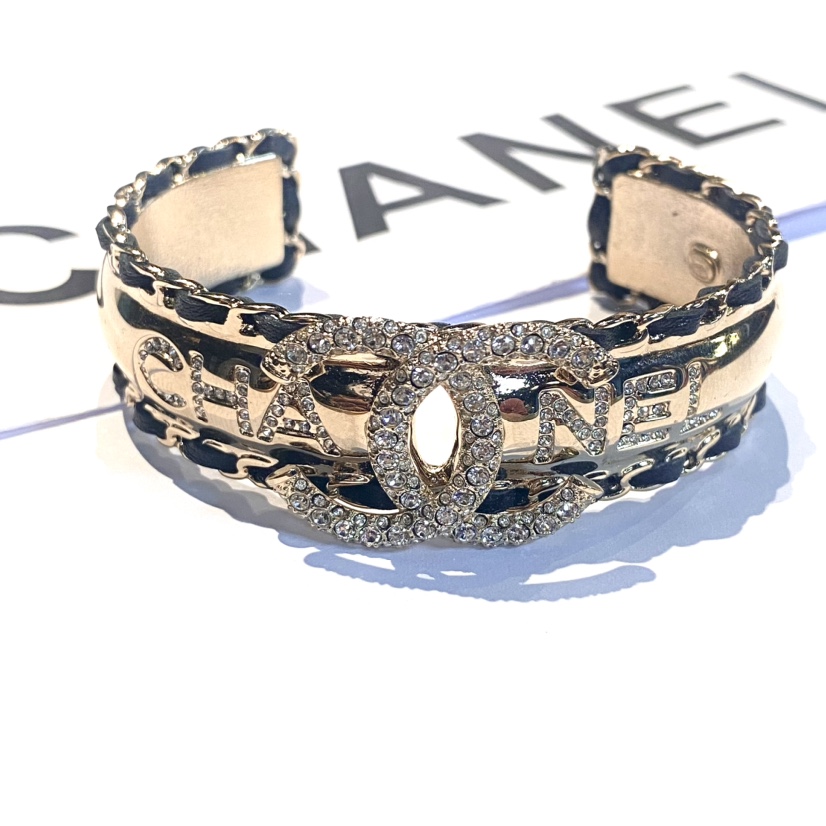 95新 Chanel/香奈儿 中古双C字母LOGO开口皮穿链手镯/MJ410158
