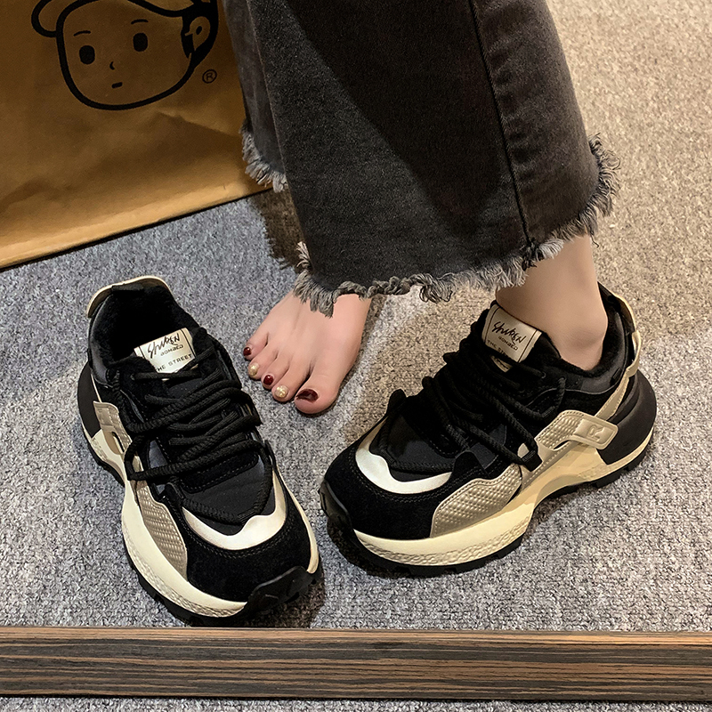 厚底老爹鞋女2023秋冬新款爆款华夫阿甘鞋松糕百搭加绒休闲运动鞋