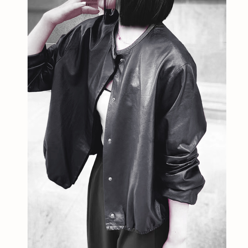 2025春BC同款海宁真皮皮衣女短款宽松设计感进口全植鞣绵羊皮夹克