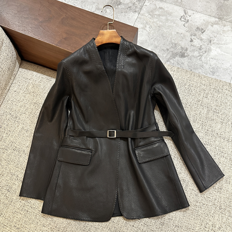 2025春秋高端进口山羊皮荔枝纹v领中长款海宁真皮皮衣女休闲外套