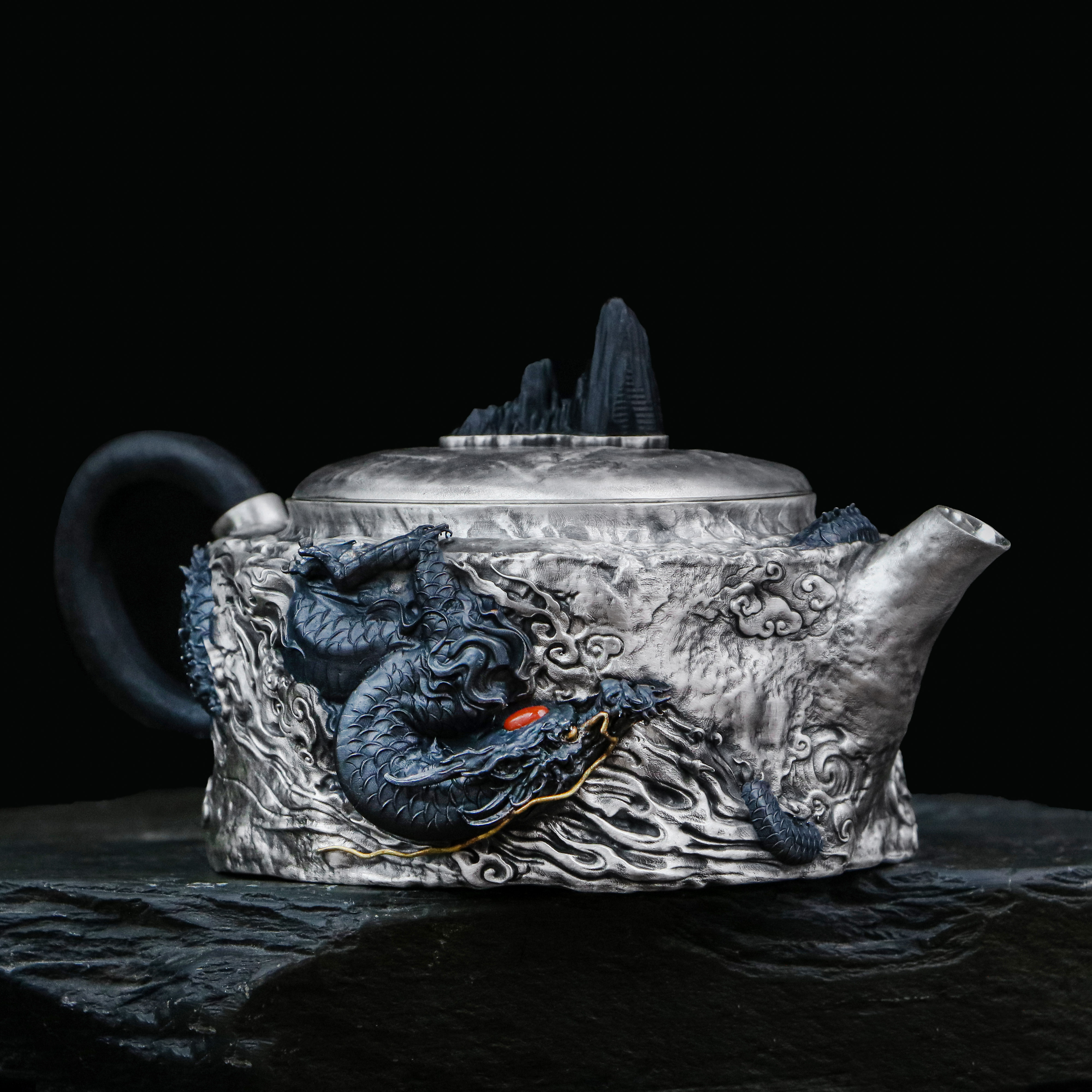 境秋足银999复古高级正把黑龙茶壶原创个性高货茶壶手工国风精美