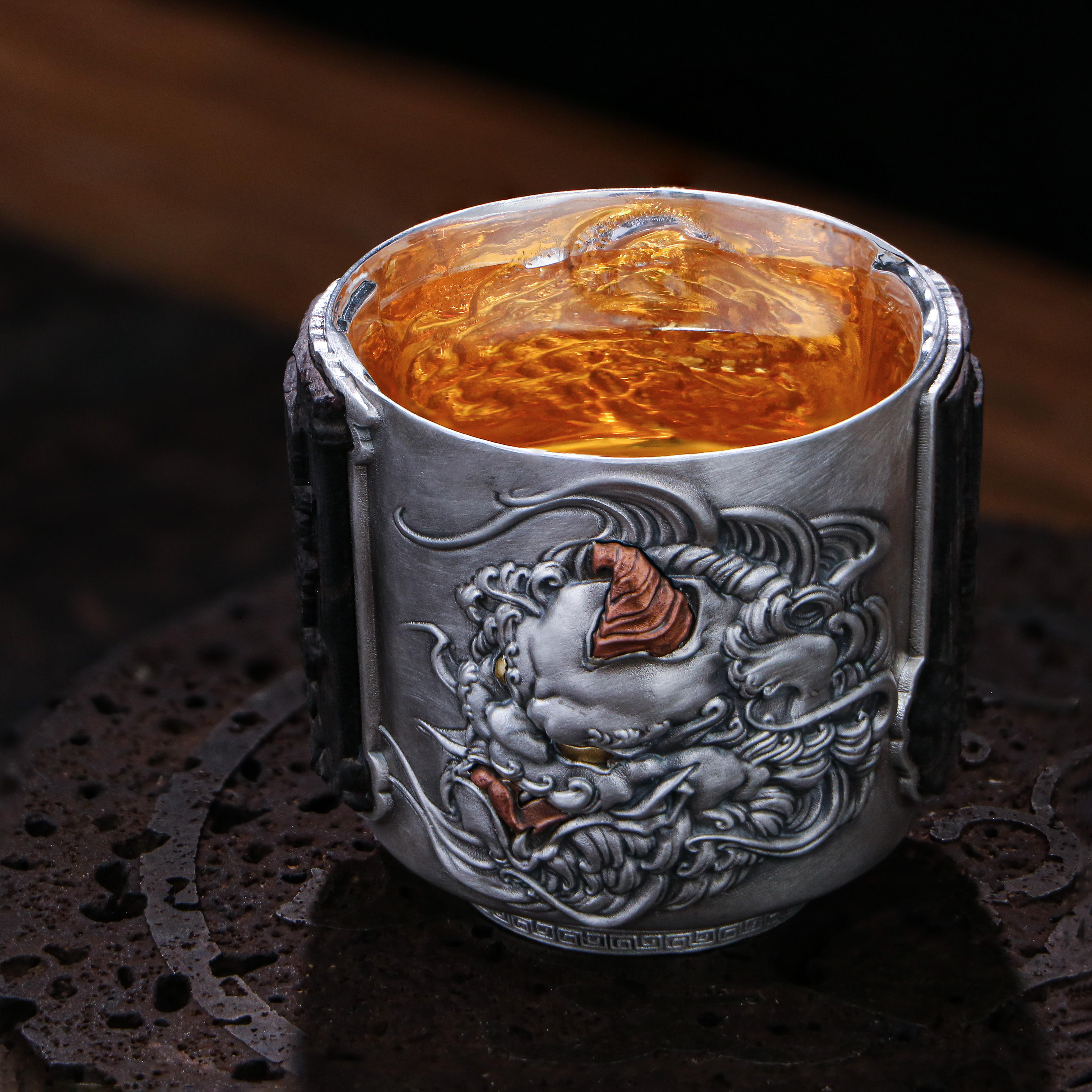 境秋茶具复古创意主人杯唐狮大号家用茶杯盏茶足银999杯子客杯