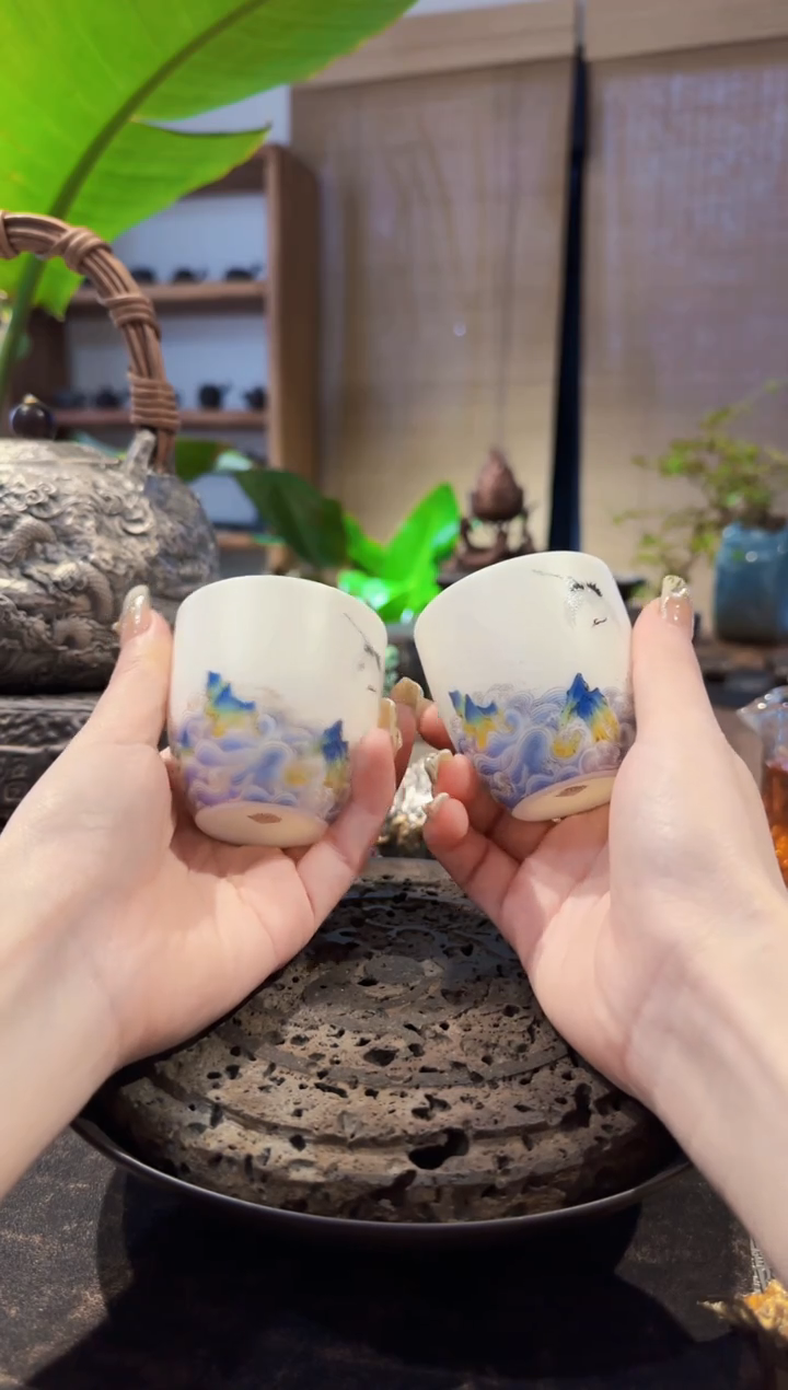 【闪购商品】羊脂玉白瓷对对杯仙鹤对杯