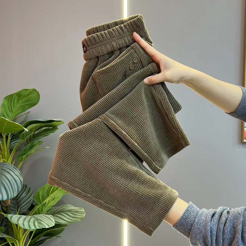 秋冬新款雪尼尔条绒哈伦裤女弹力百搭加厚大码显瘦中老年休闲裤子