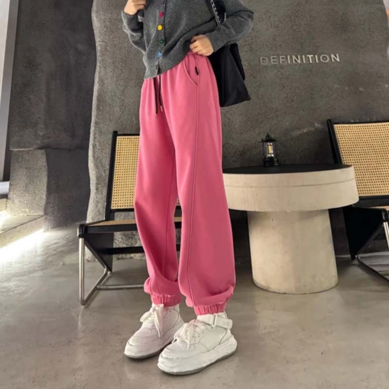 高端欧货秋冬季新款加绒加厚抽绳松紧高腰显瘦宽松休闲束脚卫裤女