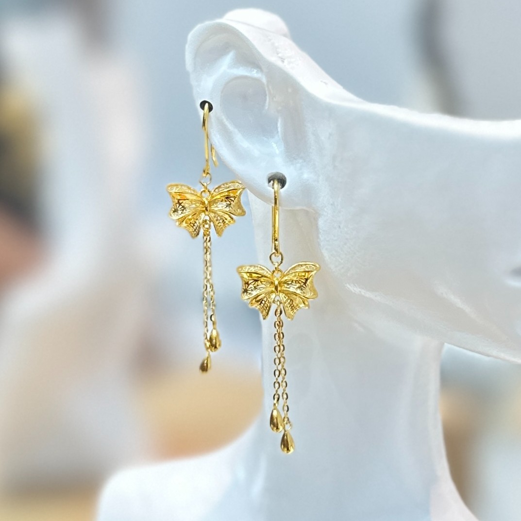 [抖音质检 现货]精品黄金耳饰蝴蝶结流苏在逃公主耳饰足金999