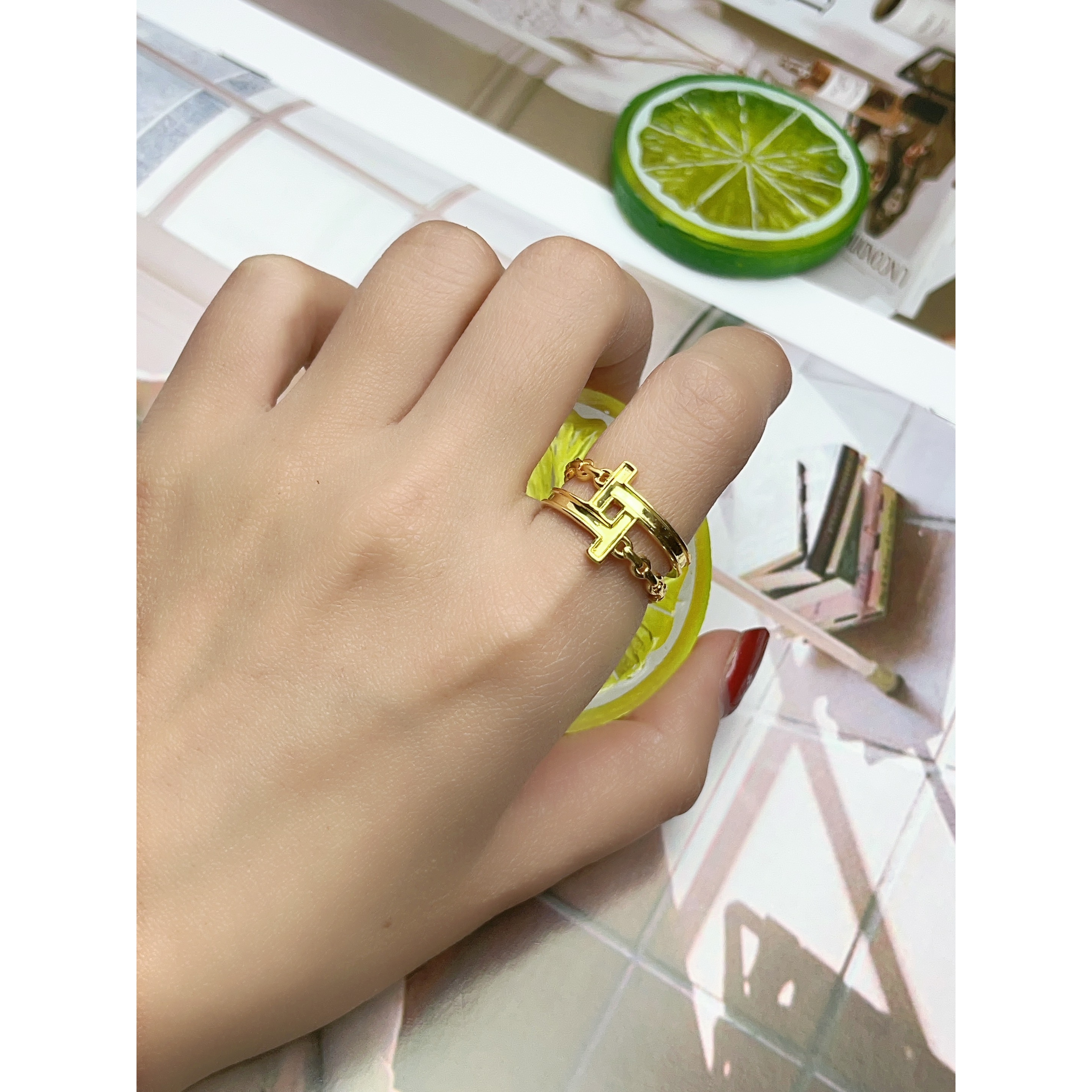 [抖音质检 现货]5D黄金戒指网红时髦T戒指亮面戒指足金999轻奢