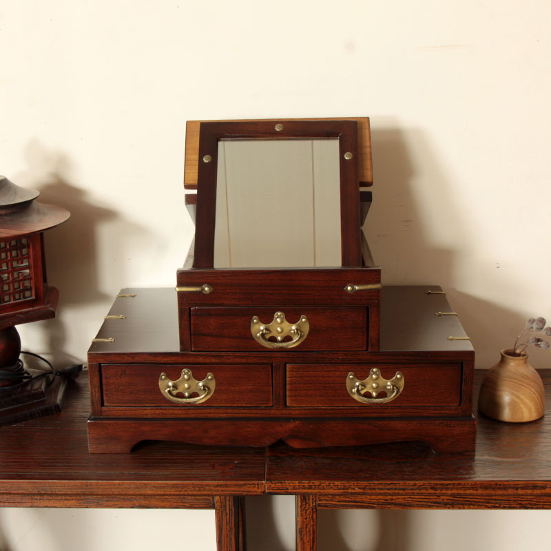 杉桐桌面化妆镜首饰化妆品口红收纳盒实木复古抽屉式网红梳妆柜子