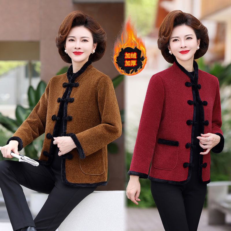 毛呢加绒加厚保暖棉衣冬季中年洋气大码妈妈女装短款中国风老年人