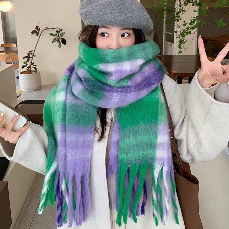 绿色格子仿羊绒围巾女冬季流苏加厚保暖围脖高级感学生男