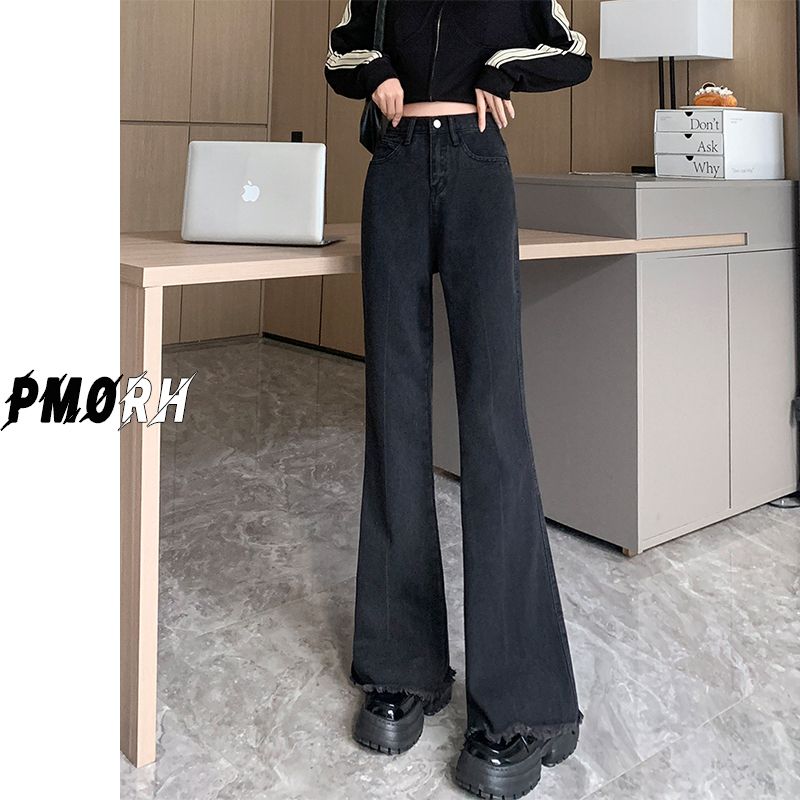 大码女裤秋季新款复古做旧黑色牛仔裤微胖mm梨形显瘦微喇裤马蹄裤