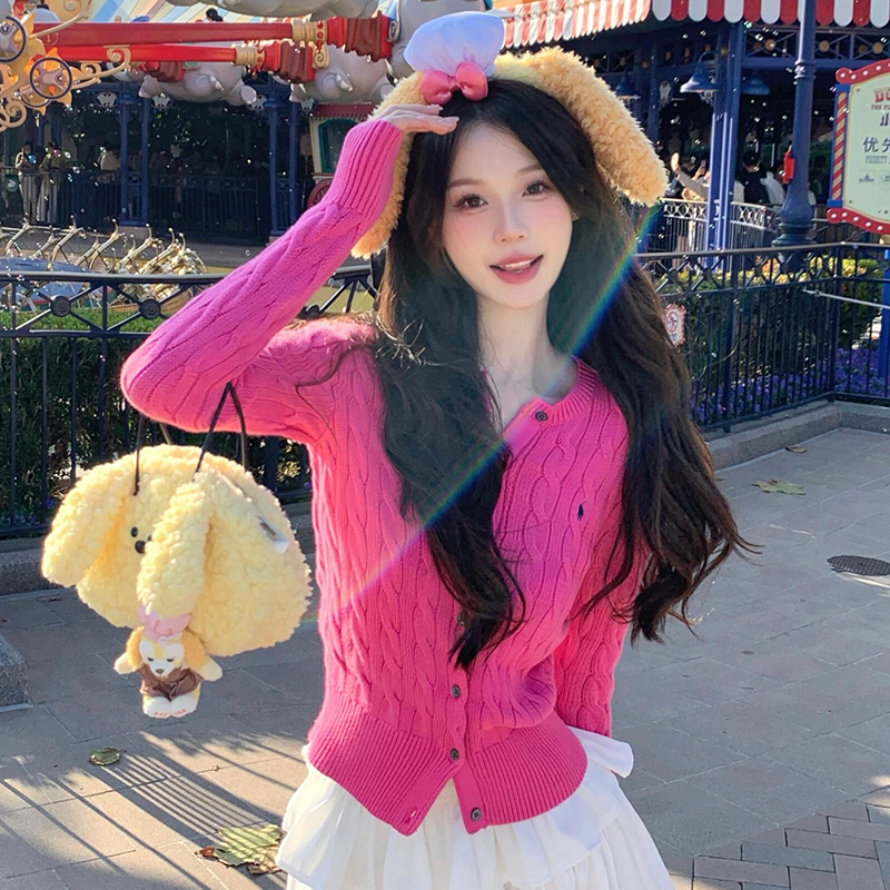 麻花软糯玫红色针织开衫毛衣外套女秋季新款甜美修身玫红色上衣