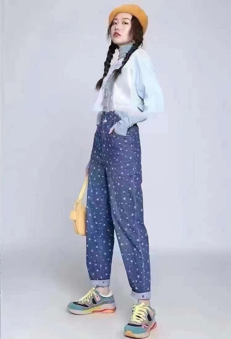 No退换 1100244高腰松紧腰复古牛仔裤