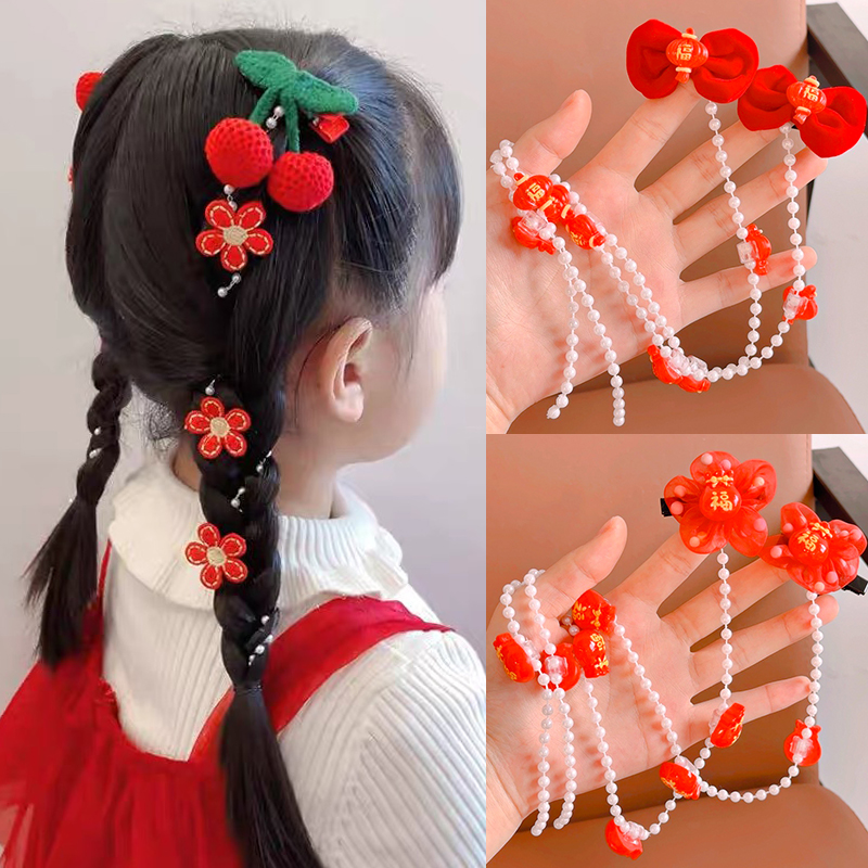 新年元旦儿童发夹红色喜庆编发链小女孩春节拜年过年头饰发卡