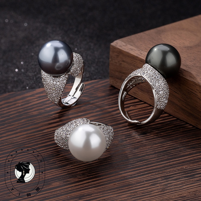 合金合成锆石戒指 【精选】时尚气质豪华款镶嵌珠珠活口百搭戒指