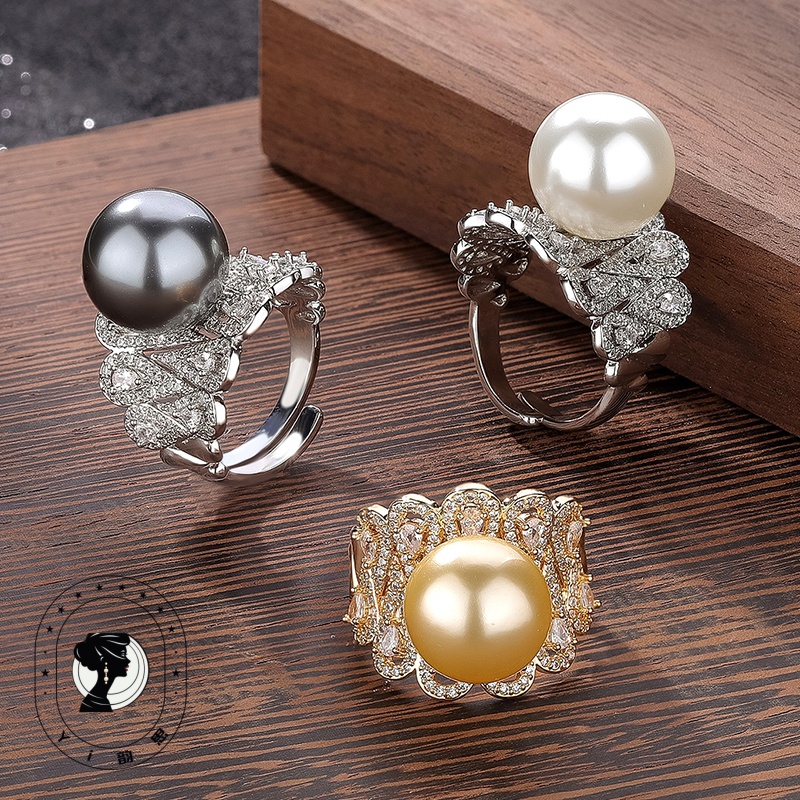 合金合成锆石戒指 【精选】新个性豪化款镶14珠珠百搭气质活口戒指