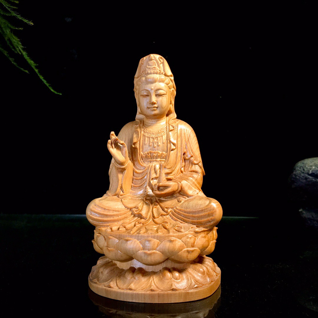 崖柏莲花静瓶坐观音家居客厅摆件实木圆雕工艺礼品包装饰品根雕