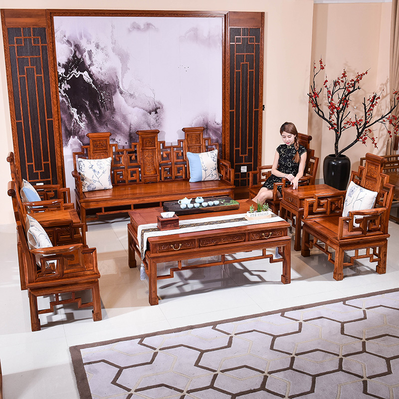 红木家具缅甸花梨木沙发新中式实木仿古客厅原木雕花大户型沙发椅