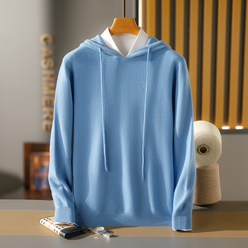 秋冬男士虚提中厚100%山羊绒帽衫休闲套头纯羊绒针织卫衣山羊绒衫