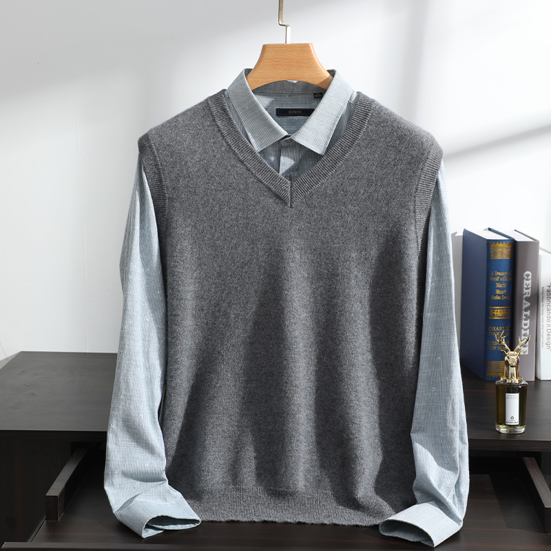 秋冬男士四平加厚V领100%山羊绒马甲商务休闲纯羊绒无袖针织坎肩