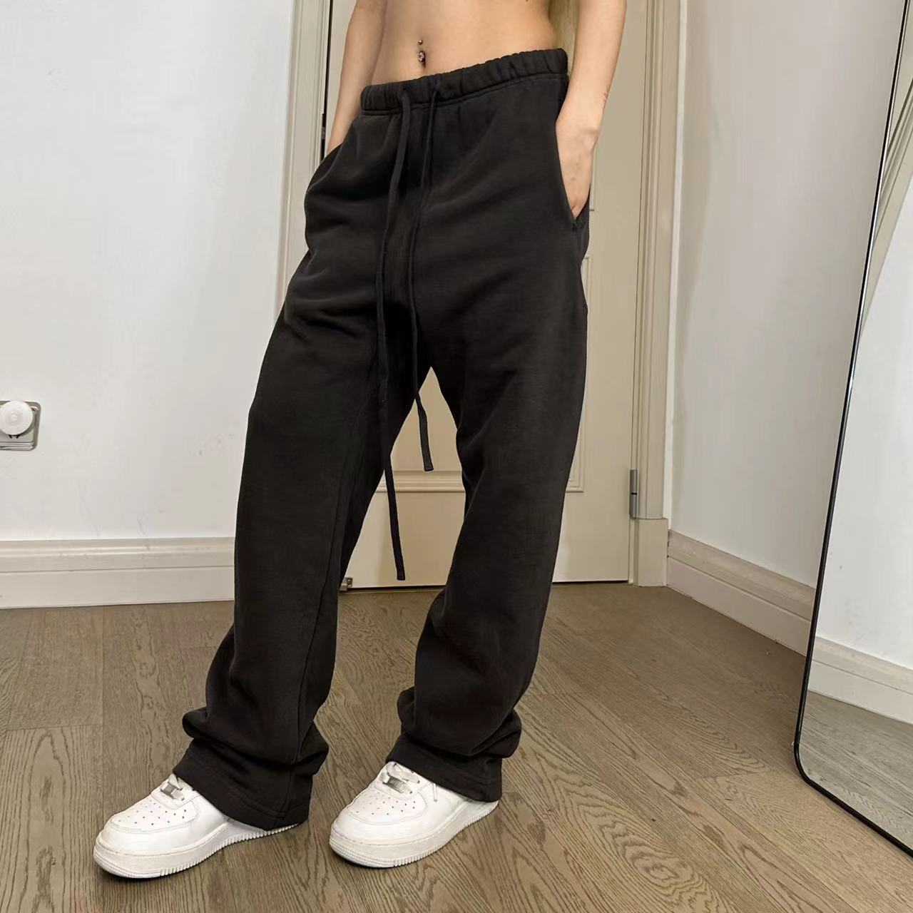 男女欧美街拍基础纯色斯密绒宽松长裤抽绳休闲直筒阔腿裤卫裤7790