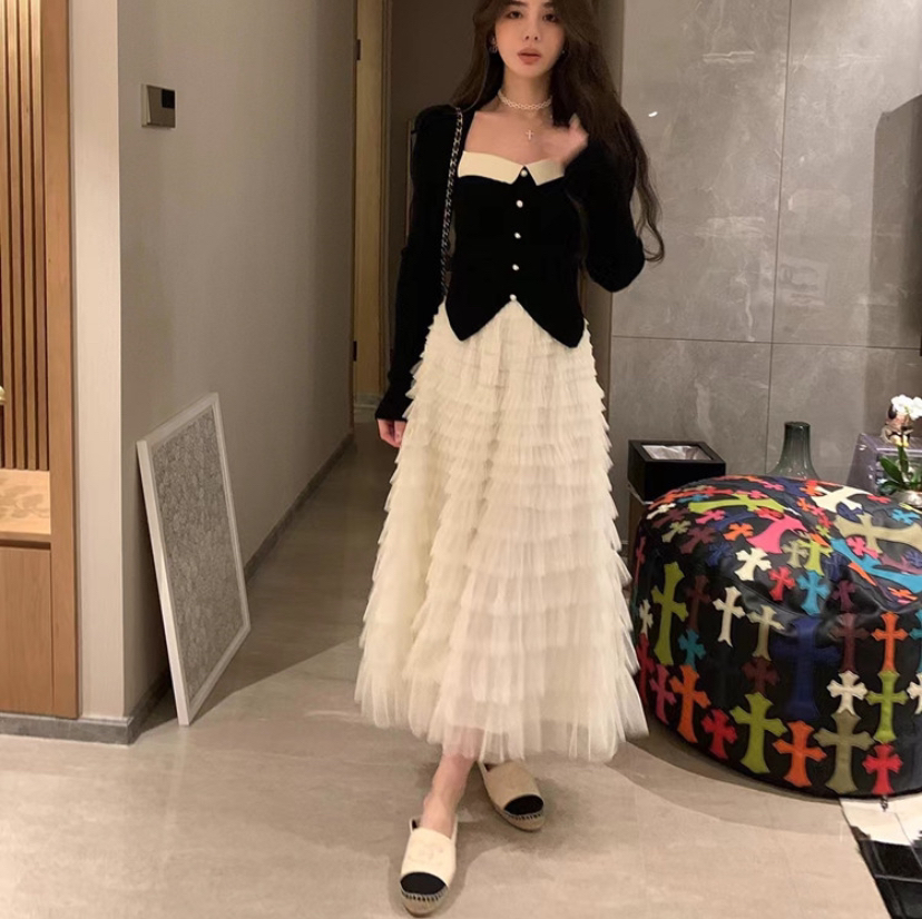 时尚网纱半裙显瘦法式气质秋季收腰设计感小香风长袖短款黑色复古