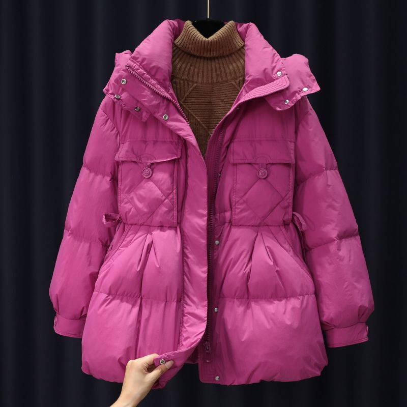 时尚连帽羽绒棉服女冬季中长款抽绳收腰棉衣加厚保暖外套