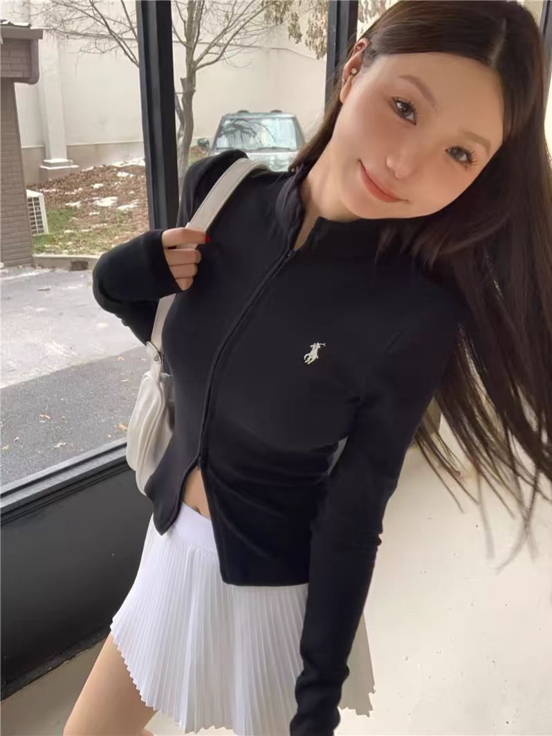 立领刺绣双拉链长袖卫衣女秋冬韩系修身显瘦设计感外套