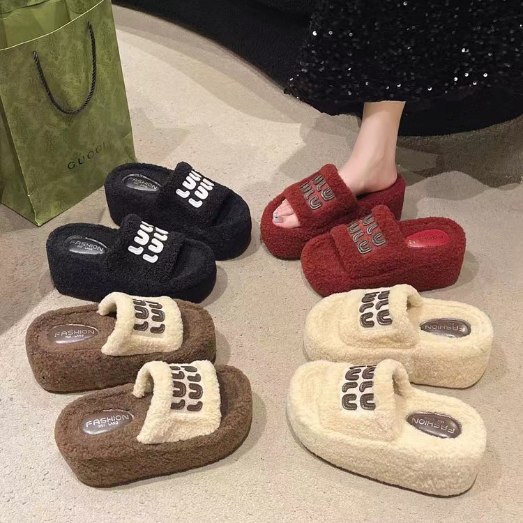 FASHION韩版2025秋冬季新款小个子百搭外穿防滑厚底增高毛毛拖鞋