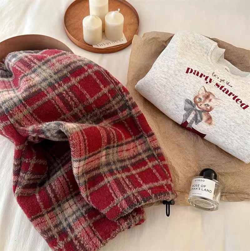 儿童裤子2025冬新款男童格子加厚加绒休闲裤女童洋气红色毛呢裤潮