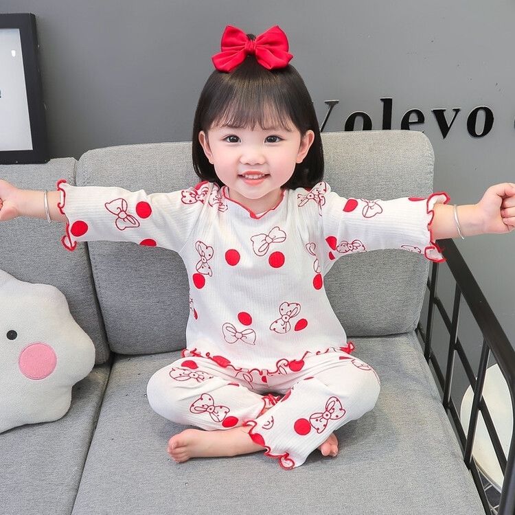 春秋儿童新款木耳边印花套装女宝宝韩版舒适可爱居家服两件套睡衣