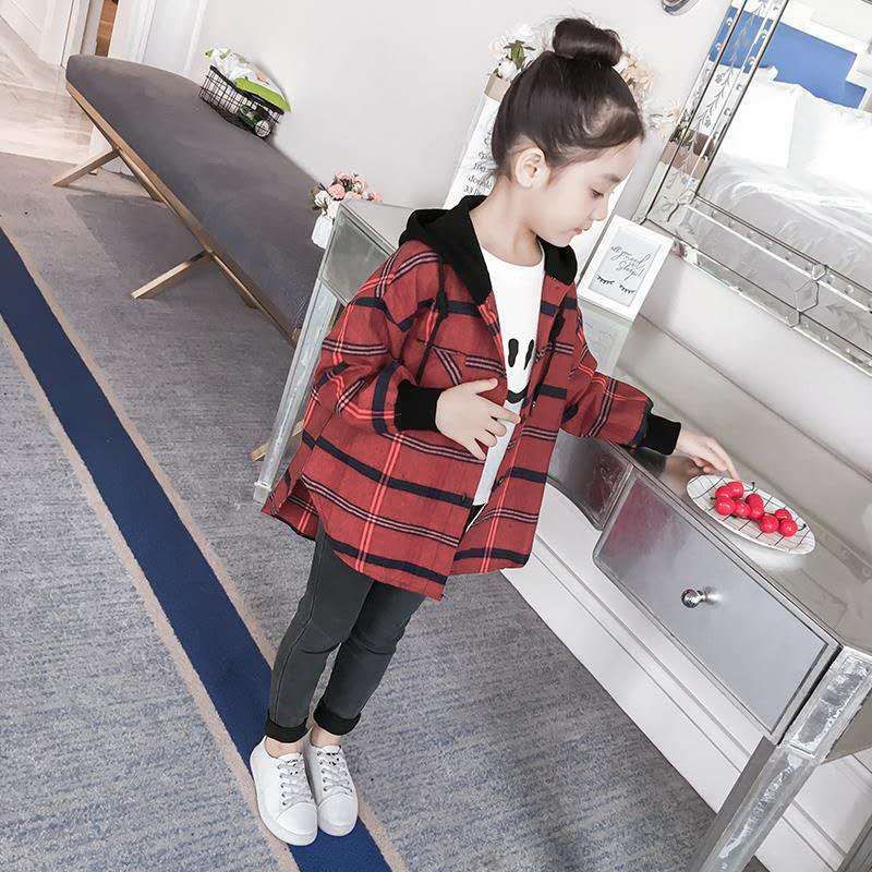 女童2023新款外套春秋款中大儿童格子衬衫小女孩3-12岁中长款上衣