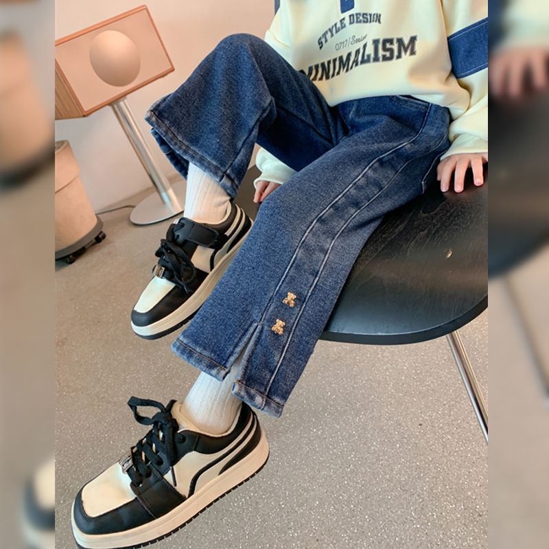 女童裤子秋冬款加绒2023新款秋装时髦一体绒牛仔裤春秋儿童装长裤