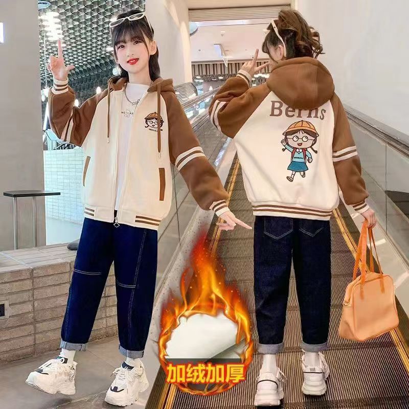 女童洋气加绒外套秋冬儿童开衫连帽上衣中大童棒球服女孩冬季衣服