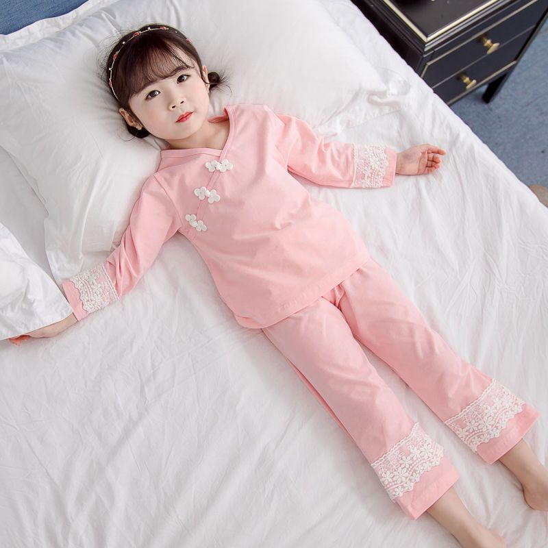 儿童睡衣女春秋款棉质套装新款中国风宝宝民族风女童长款家居服潮