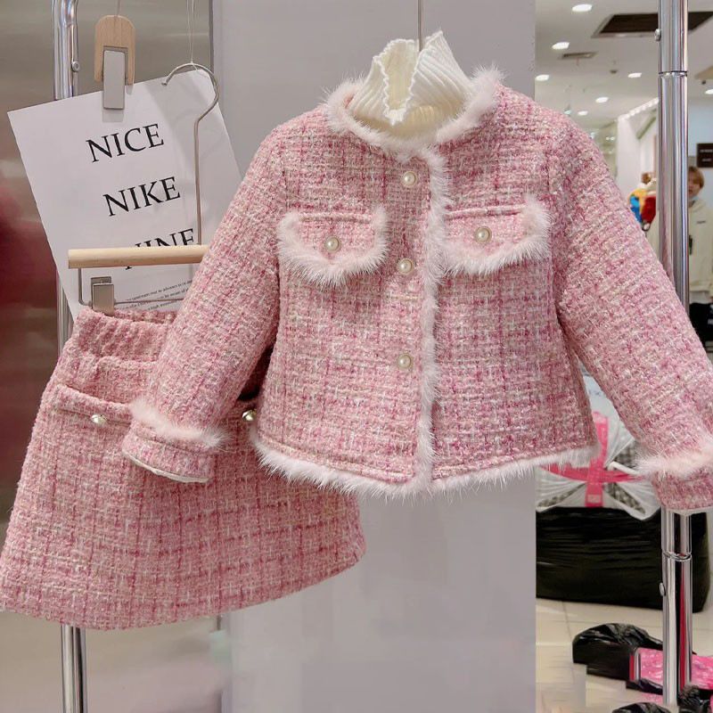 2023冬装新款女童小香风夹棉外套+半身裙两件套加厚洋气套装 6580