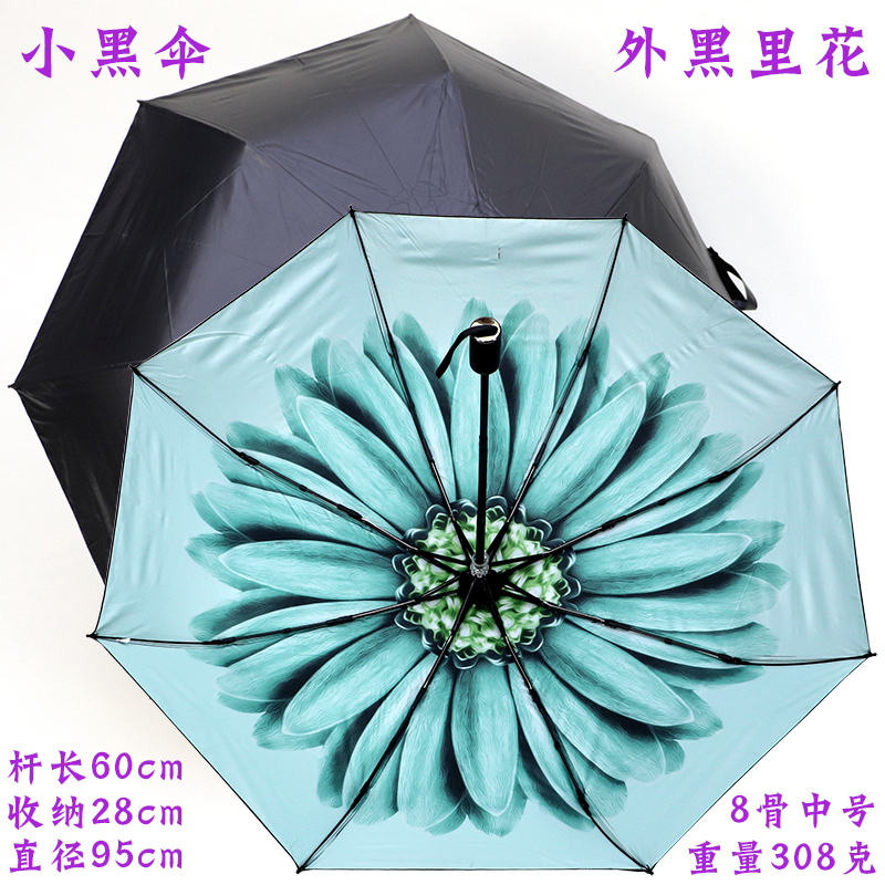 福利款！小黑伞8骨中号数码印花黑胶防晒防紫外线又能防雨三折伞