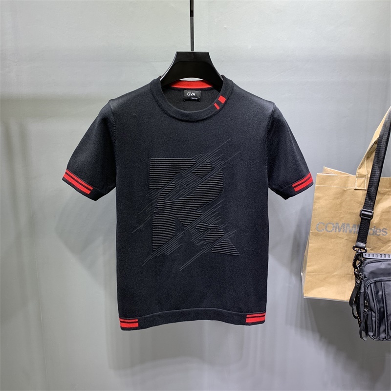 【小扬哥推荐】男士字母提花针织衫半袖秋冬季青年韩版修身黑色短