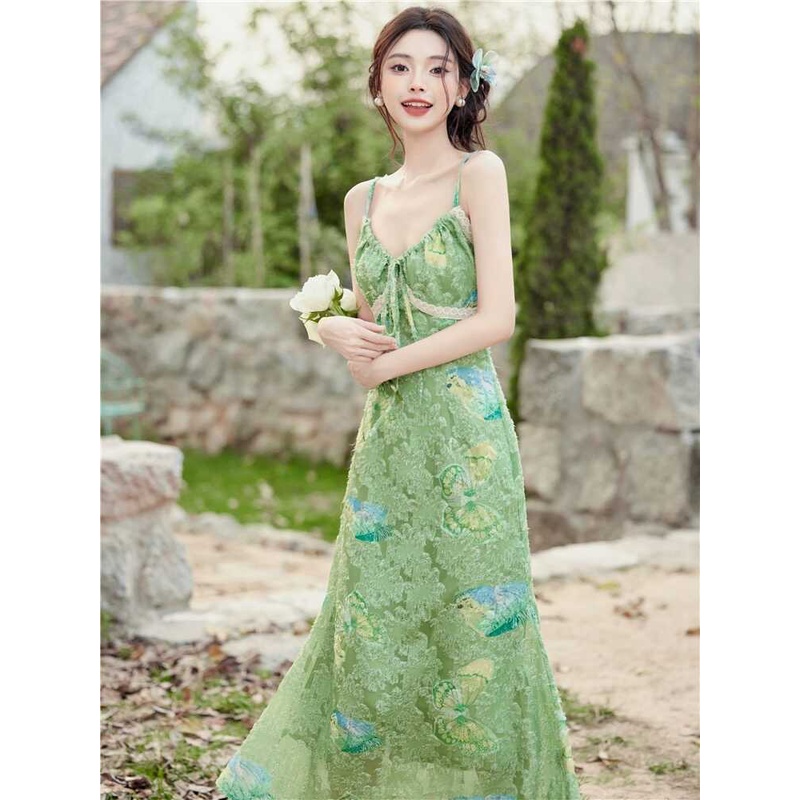 夏季新中式气质显白女装绿色提花吊带连衣裙新款碎花精致长裙288#