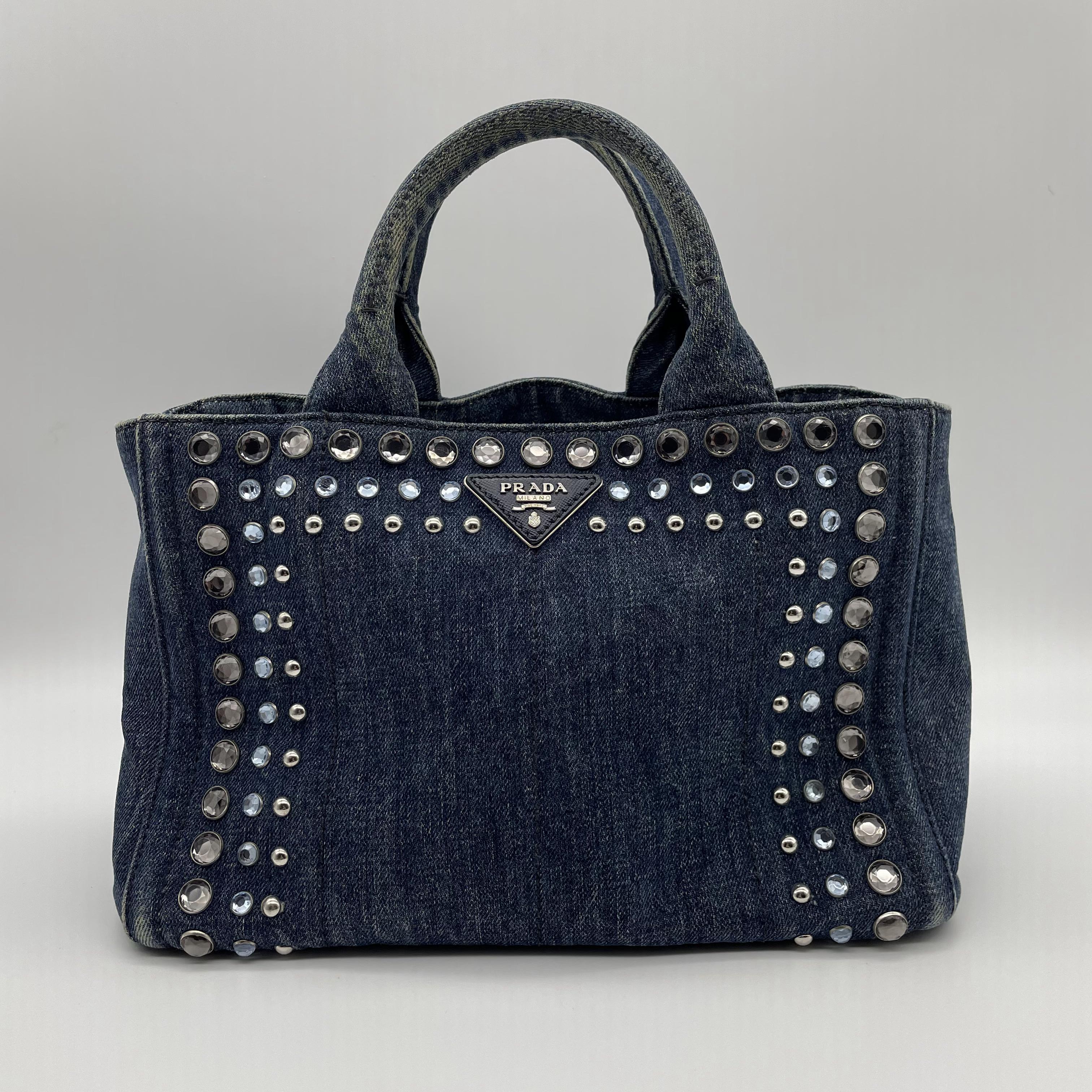 90新 Prada/普拉达 蓝色牛仔沙滩包手提包s039