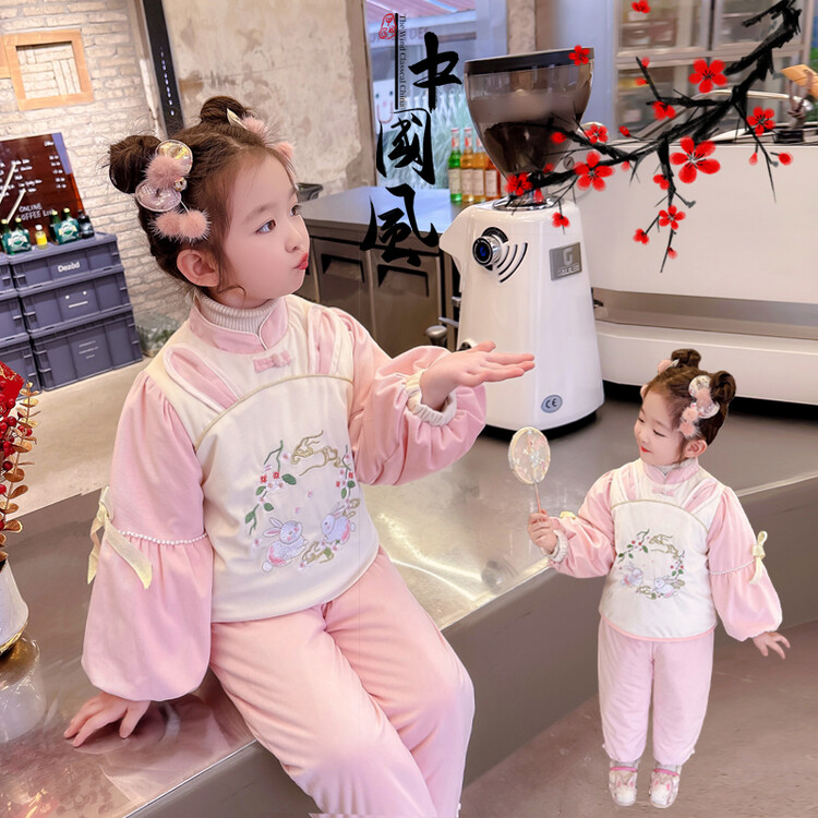 女童套装冬装儿童中国风汉服周岁宝宝礼服抓周加绒过年新年拜年服