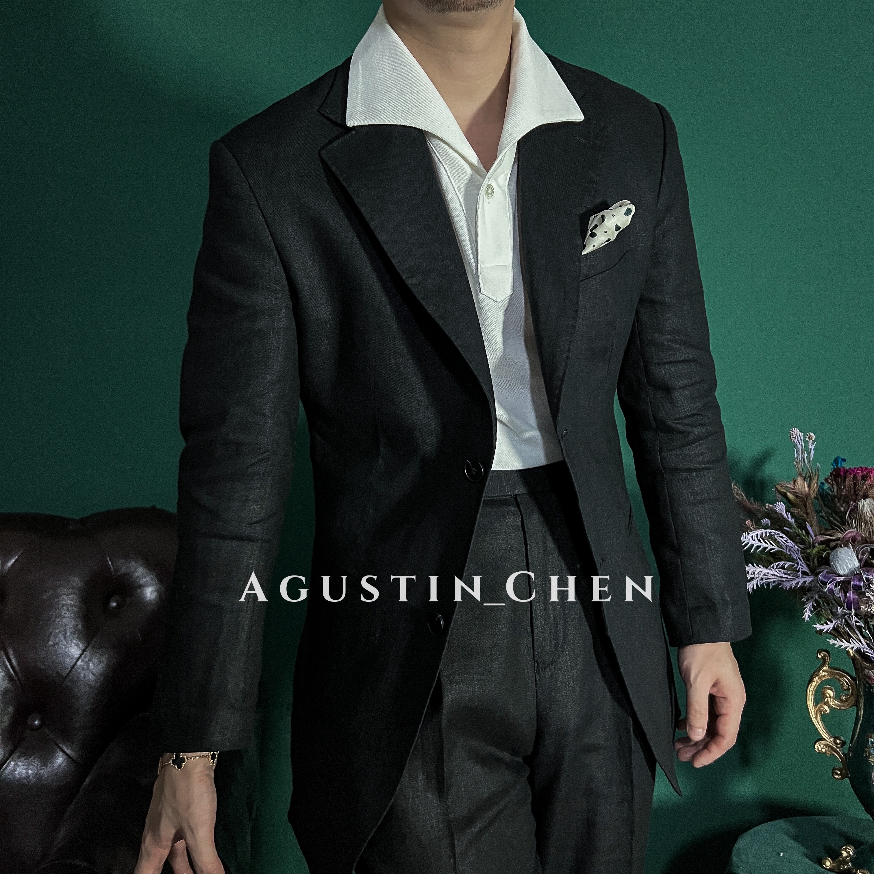 Agustin_Chen 亚麻半里衬夏季高奢修身西服平驳领老钱时尚男西装