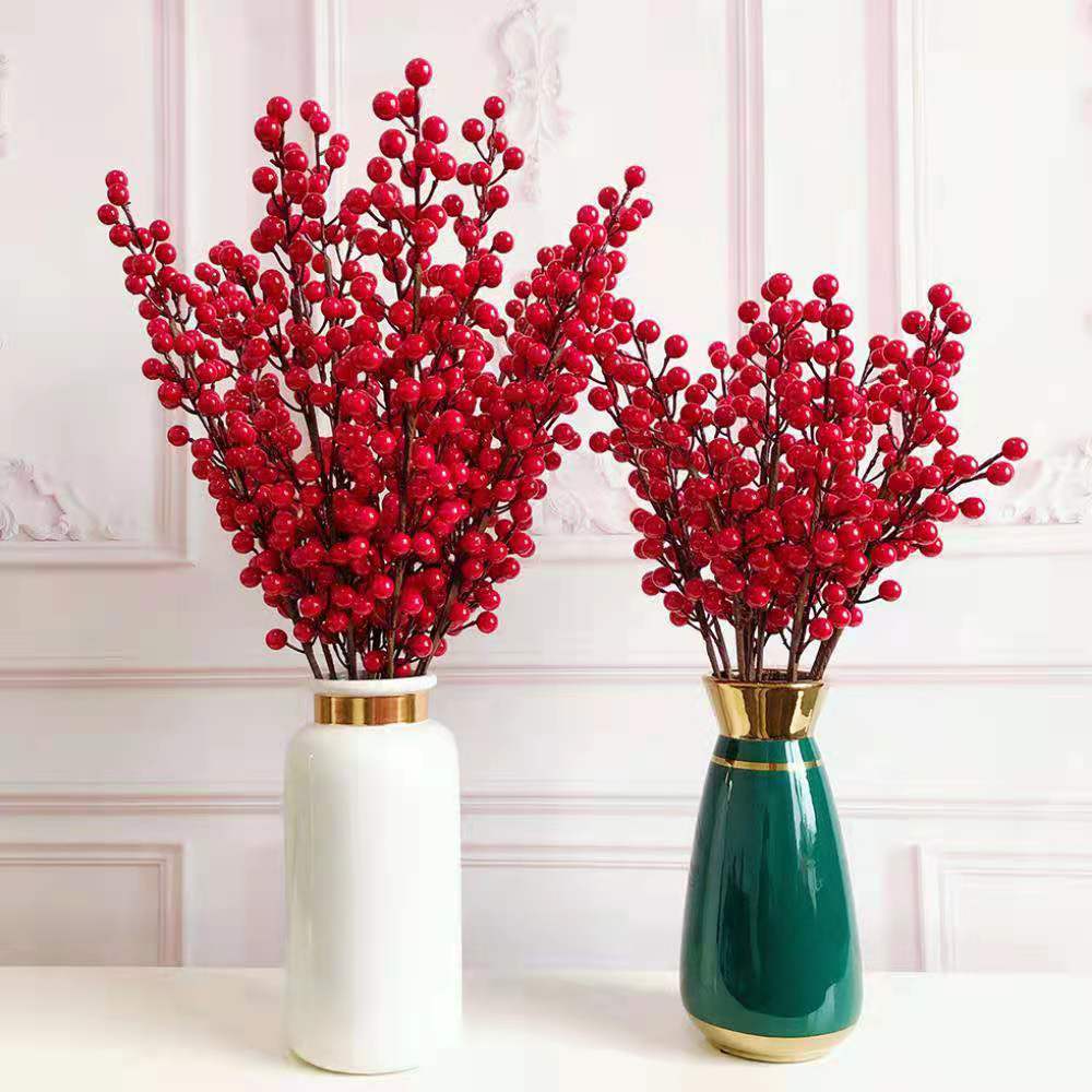 红果发财果仿真花艺相思红豆陶瓷玻璃花瓶插花婚庆新年落地摆设