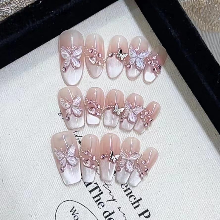 茹茹手工美甲#【镜月蝶】三个甲型可选气质白色夏季裸色夏日渐变