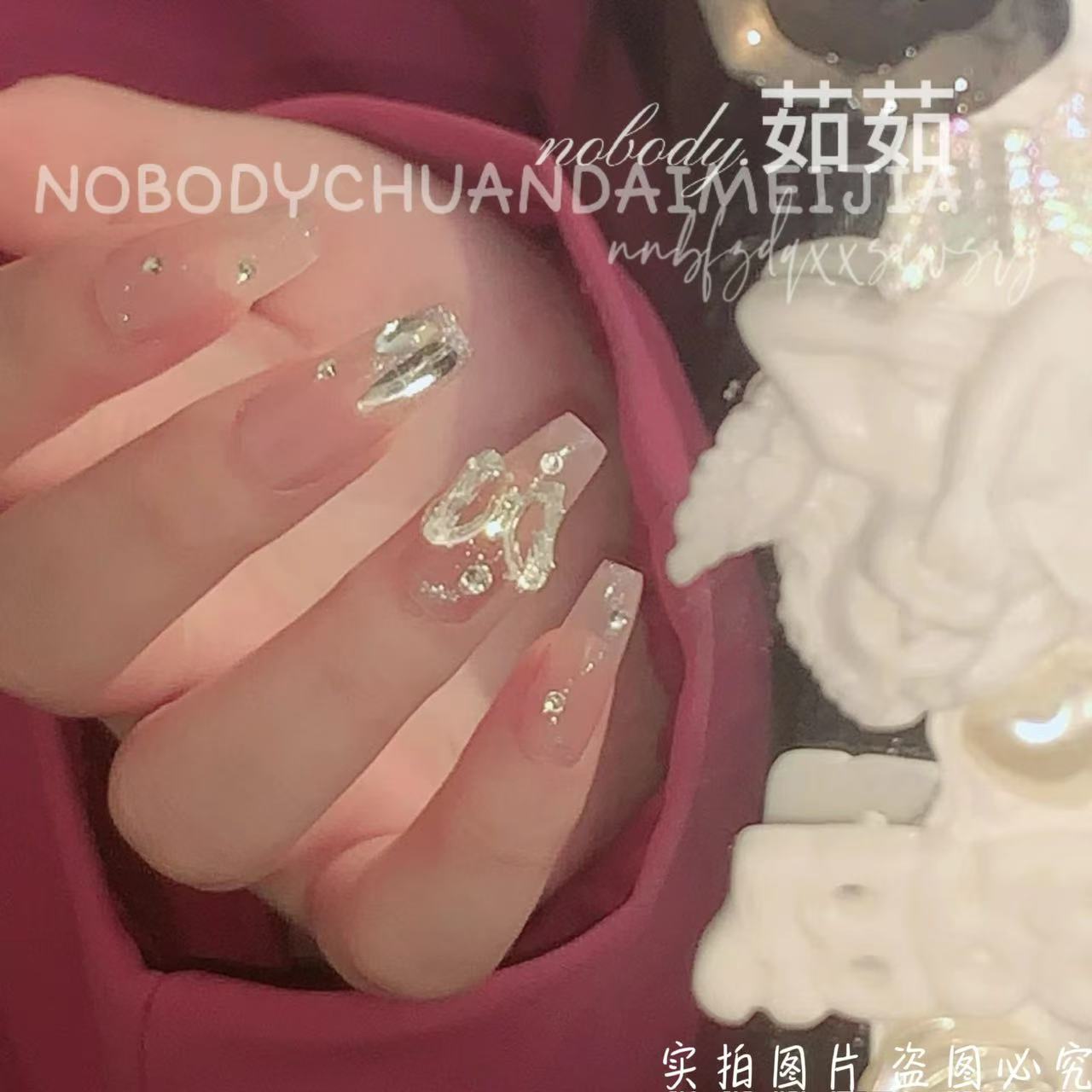 茹茹手工甲#炫8带钻重工梯形冰透显白温柔裸色气质穿戴式穿戴甲