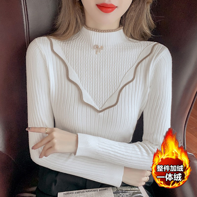 【一体绒】毛衣女秋冬季加绒加厚显瘦半高领针织衫保暖百搭打底上衣