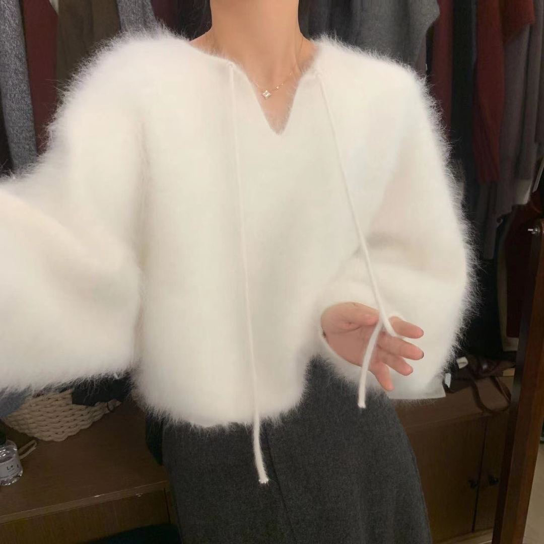 【娅朵】设计感领口系带浣熊绒长毛慵懒风套头毛衣女173