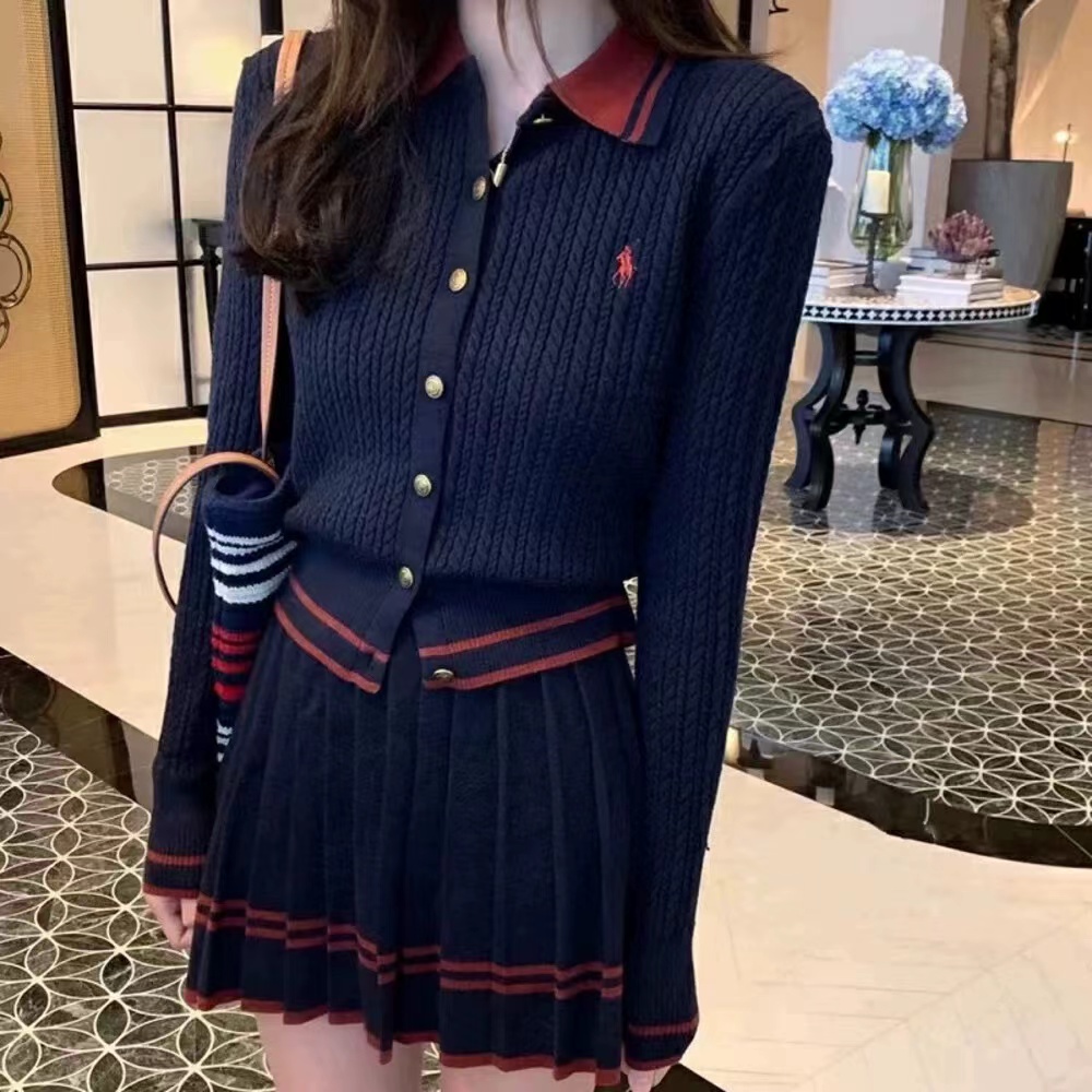 入秋一整套女装 小马刺绣学院风polo领 针织秋冬百褶裙两件套套装