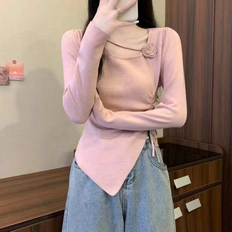 秋冬薄款上衣立体花朵抽绳粉色上衣长袖针织衫秋季女装显瘦暗红色