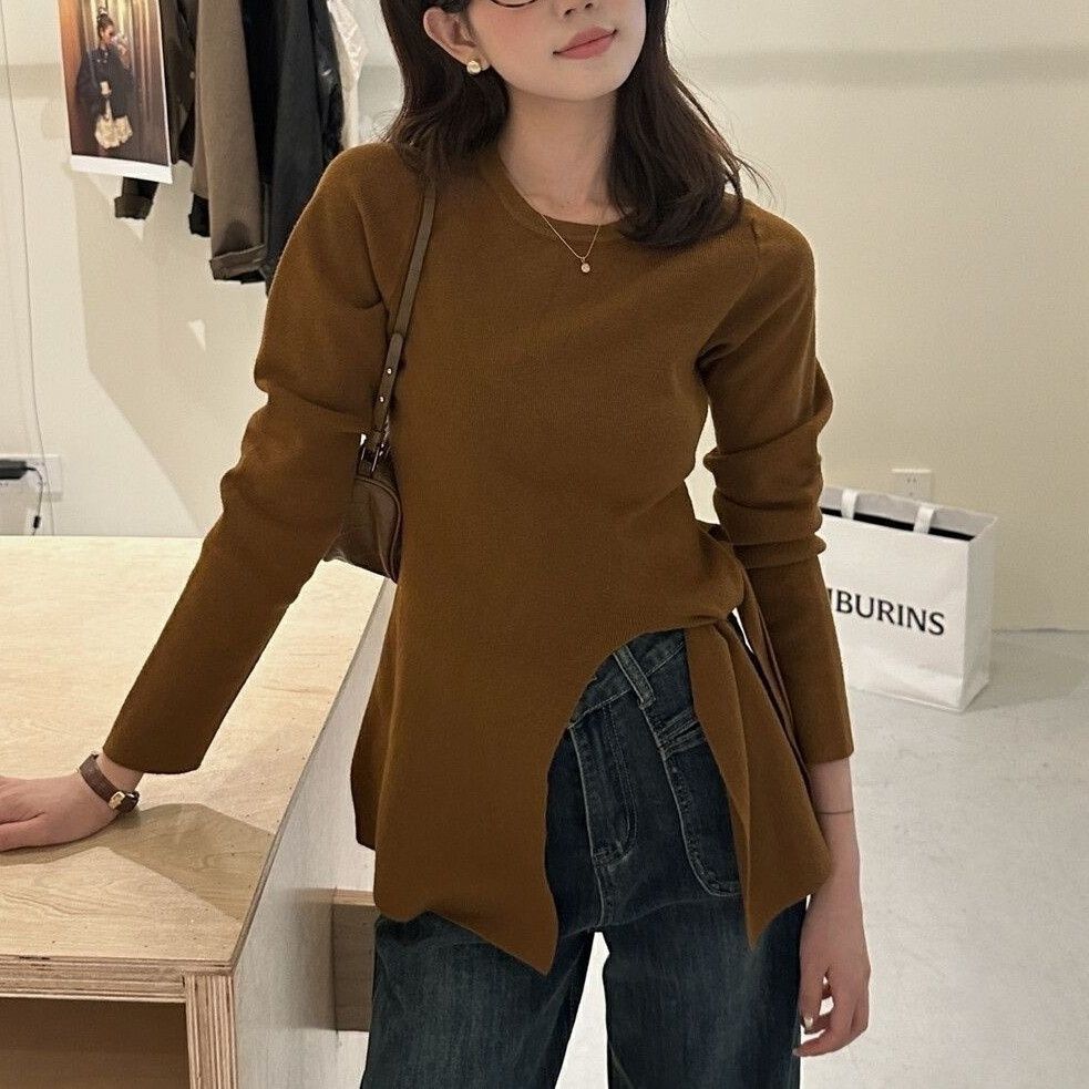 早秋薄款独特绑带不规则开叉中长款收腰暗红色毛衣针织女秋季毛衣